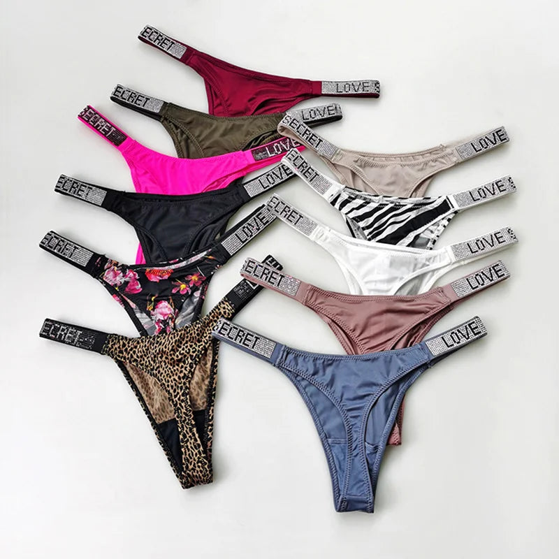 5Pcs Low Waist Sexy Panties Women Thongs Rhinestones Letter Diamonds G-string Sports Thong Shorts Briefs T-back Size S-XL luvshop24