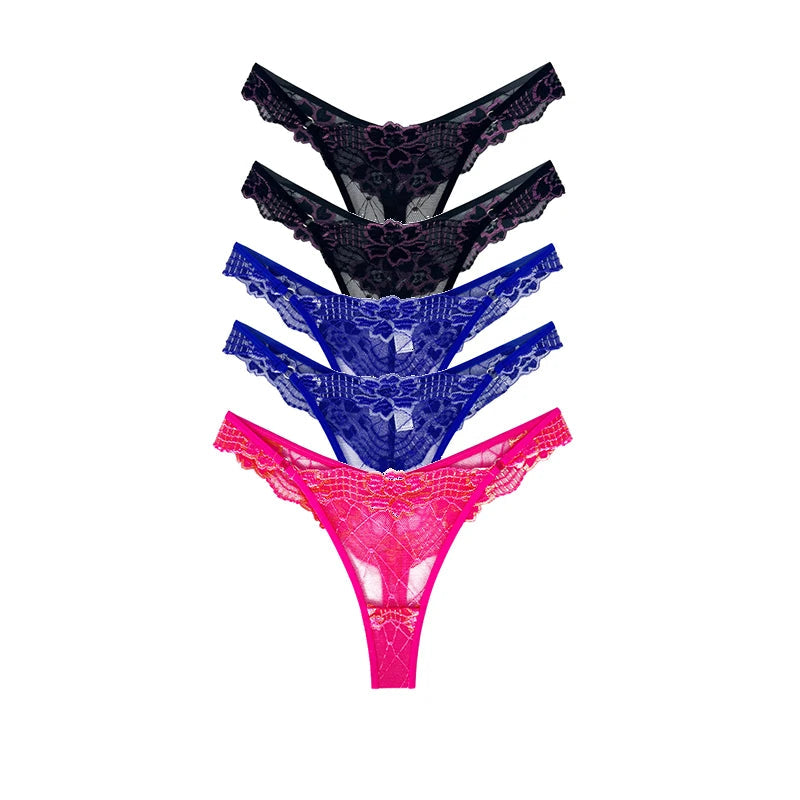 5pcs Lace Ladies G-string Perspective Floral Panties Low Waist Sexy Female Thongs Comfortable Breathable Intimate Lingerie Set luvshop24
