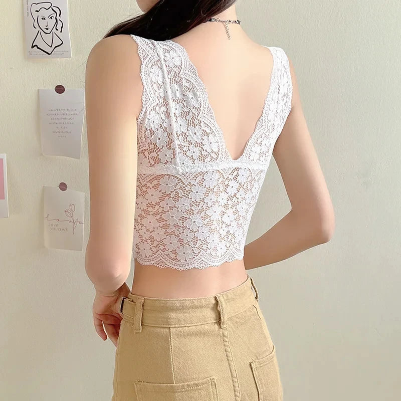 Lace Bras Top Women Deep V Neck Sexy Lingerie Wire Free Bra Tank Tops Female Underwear V Back Bralette Padded Camisole luvshop24