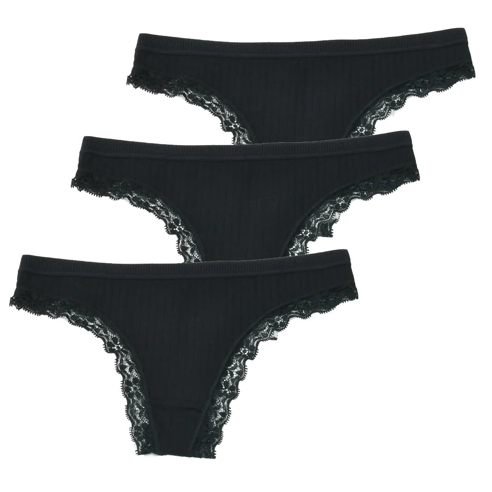 3pcs Cotton Women's Thong Panties Breathable Low Waist Seamless Underwear Sexy Female Lady Comfortable Solid Color Lace G-String luvshop24