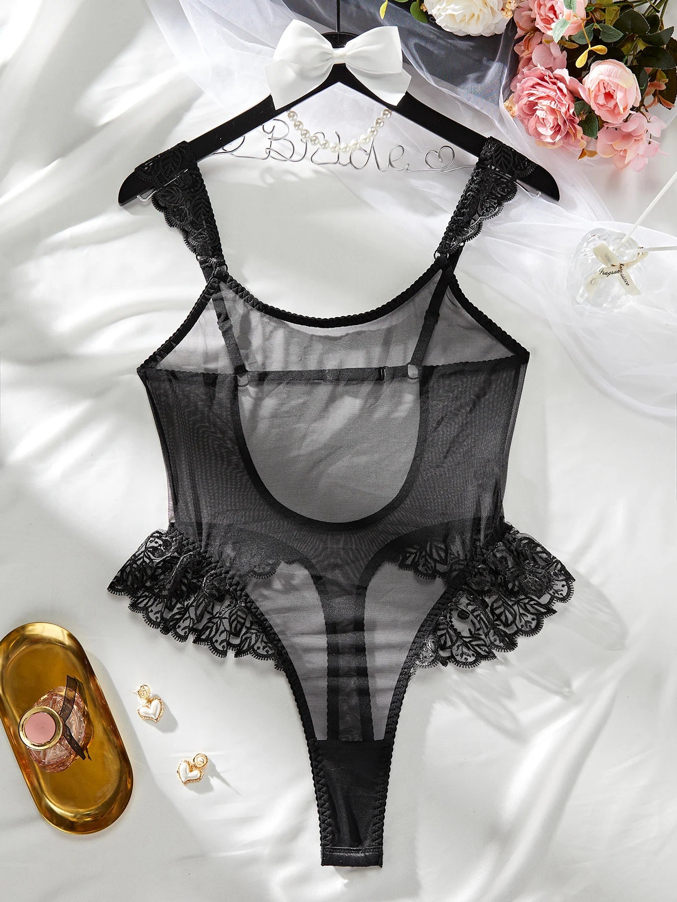 New Erotic Pyjamas Ruffle Splicing Mesh Female Sexy See-Through Backless Body Suit Onlyfans luvshop24