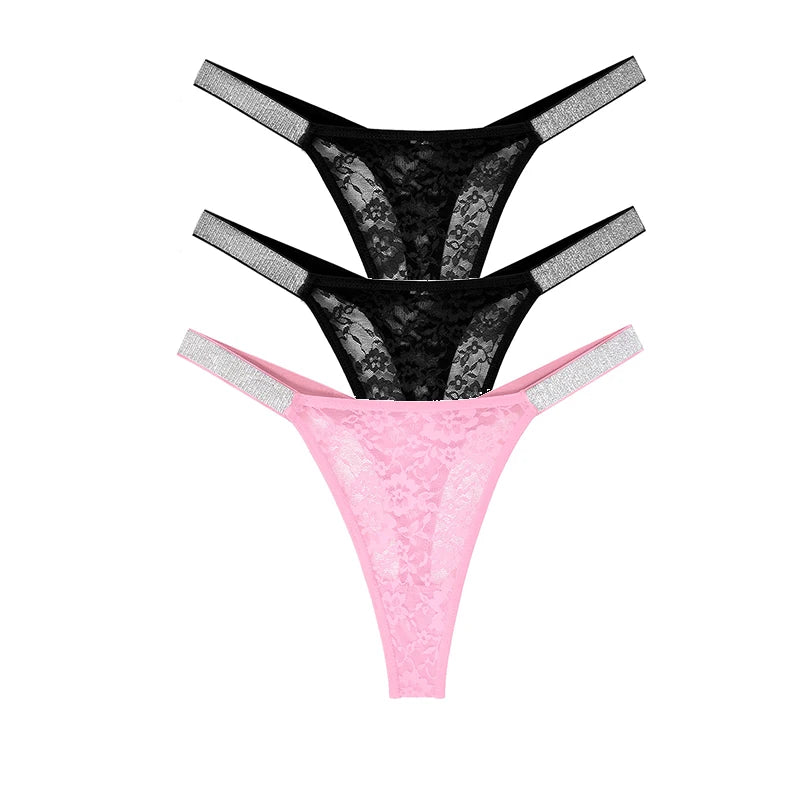 3pcs Sexy Thongs Lace Women Underwear Perspective Floral Panties Low Rise Two Shiny Belts G-string Comfortable Intimate Lingerie luvshop24