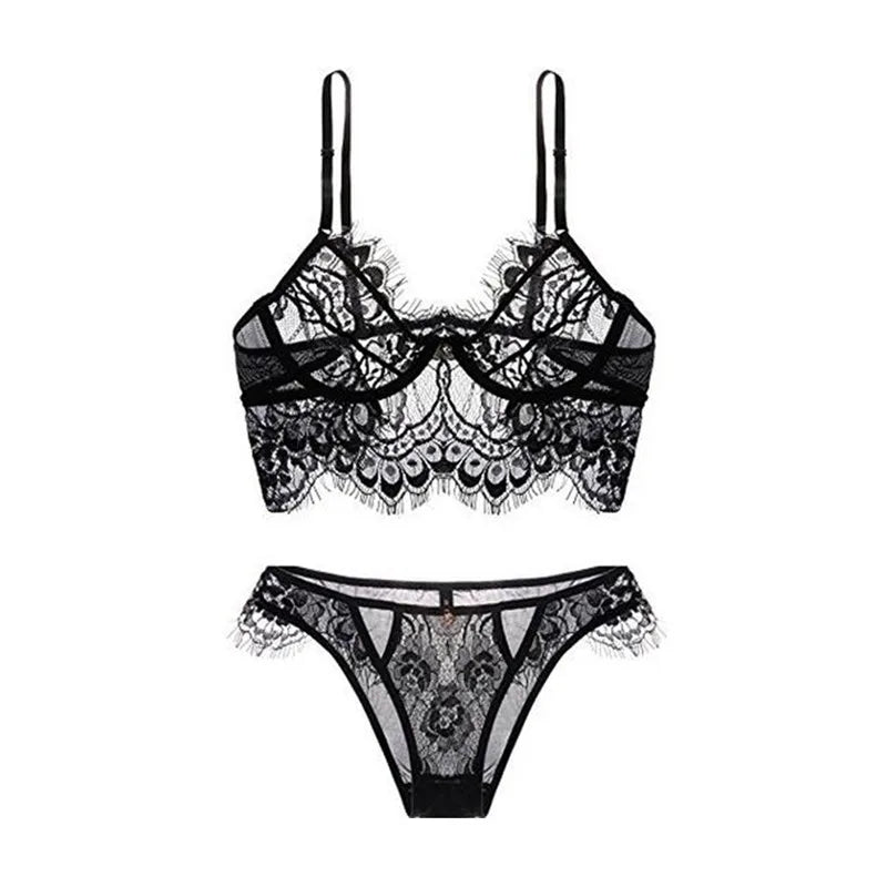 Lace Sexy Underwear Set Hollow Eyelashes Lingerie See-through Sheer Bra and Panty White Black Backless Bodysuit Women 2pcs luvshop24