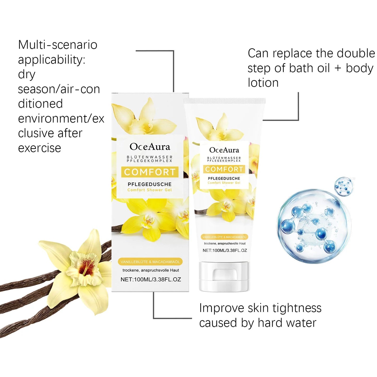 OCEAURA 100ml Comfort Shower Gel Long-term Moisture Lock to Improve Dry Skin Gentle Cleansing to Eeduce Friction and Irritation luvshop24