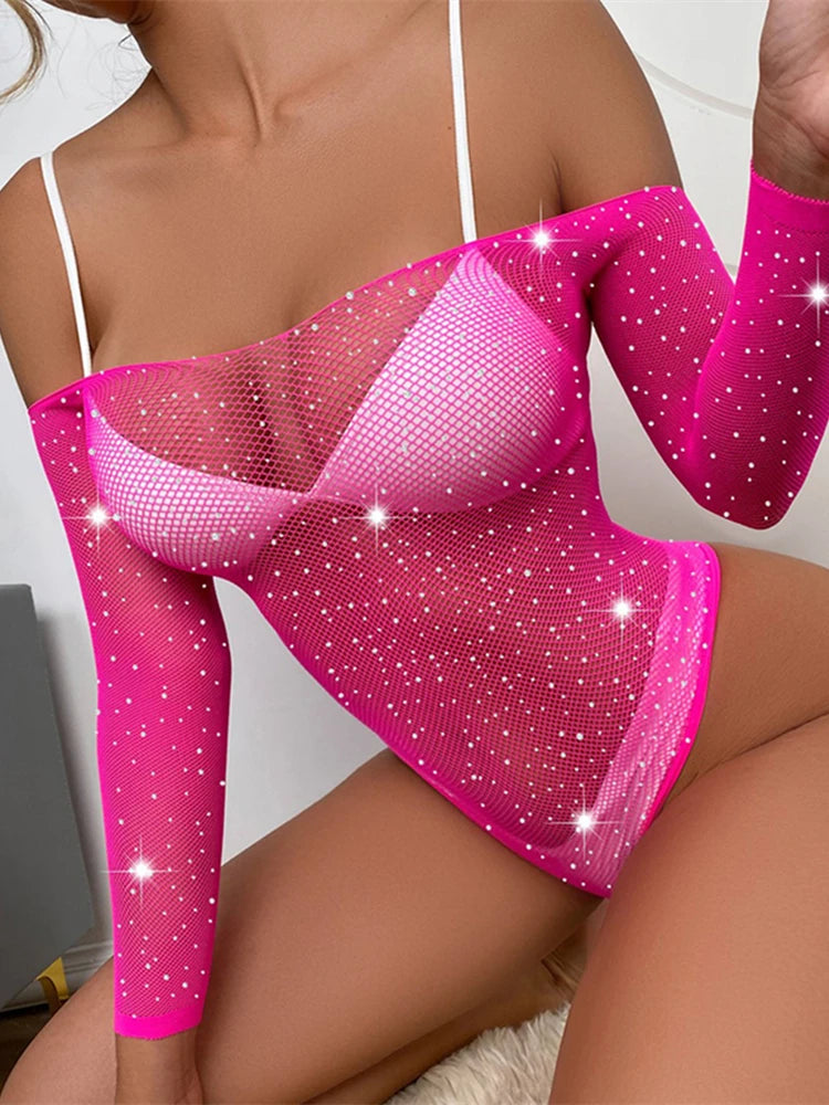 Fashion Sexy Lingerie Fishnet Bodysuits Sexy Perspective Diamonds Porno Costume Sexy Women Open Body Lace Bodysuit Streetwear luvshop24