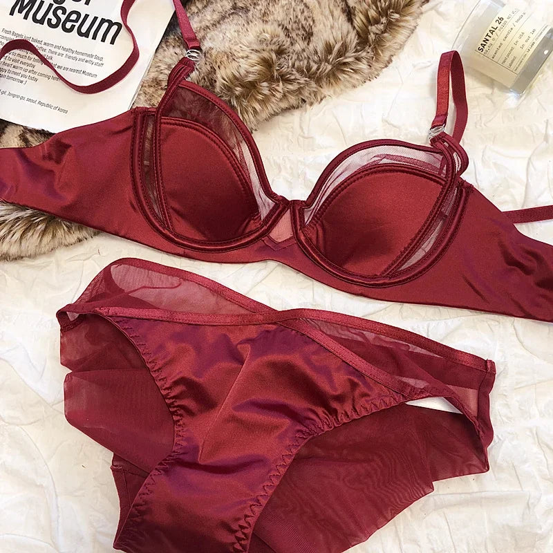 2 Pieces Sexy Underwear Set for Women Lace Push Up Bra French Thin Cup Comfort Brassiere Mesh Breathable Bralette Lingerie Set luvshop24