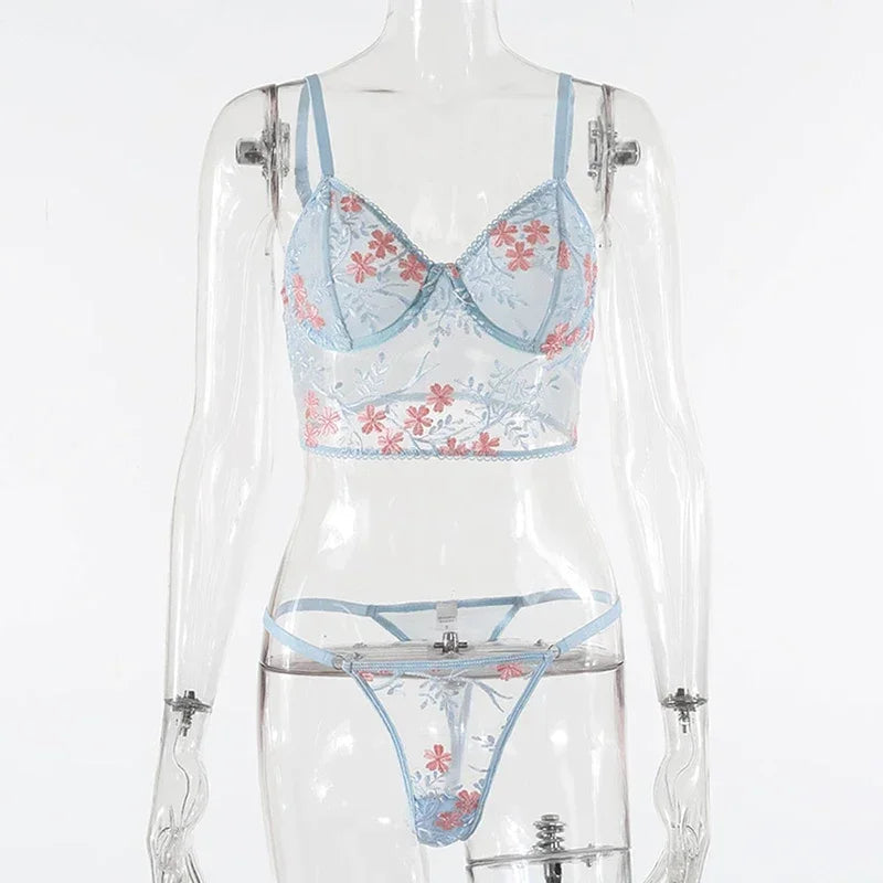 Lace Floral Embroidery See Through Bra and Panties Set for Women Underwear Sexy Lingerie Female 2 Pieces Bra Brief Sets luvshop24