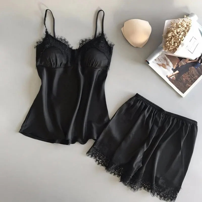 Women Pajama Suit Fashion V-Neck Stretch Satin Babydoll Lace Sexy Lingerie Bowknot Pyjamas Sleep Shorts Set Sleepwear New luvshop24