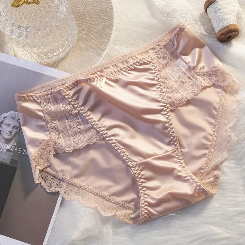 2Pcs Lingerie Underwear Lace Briefs Women Ultra-thin Bow Stain Silk Panties Cotton Crotch Mid Waist Mesh Seamless Briefs Girl luvshop24