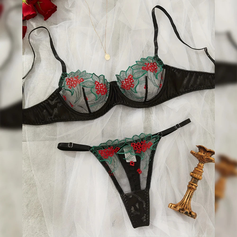 Floral Sexy Lingerie Lace Eroticу Bralette + Briefs Set Transparent Women's Underwear Embroidery Erotic Beautiful Bra And Panty luvshop24