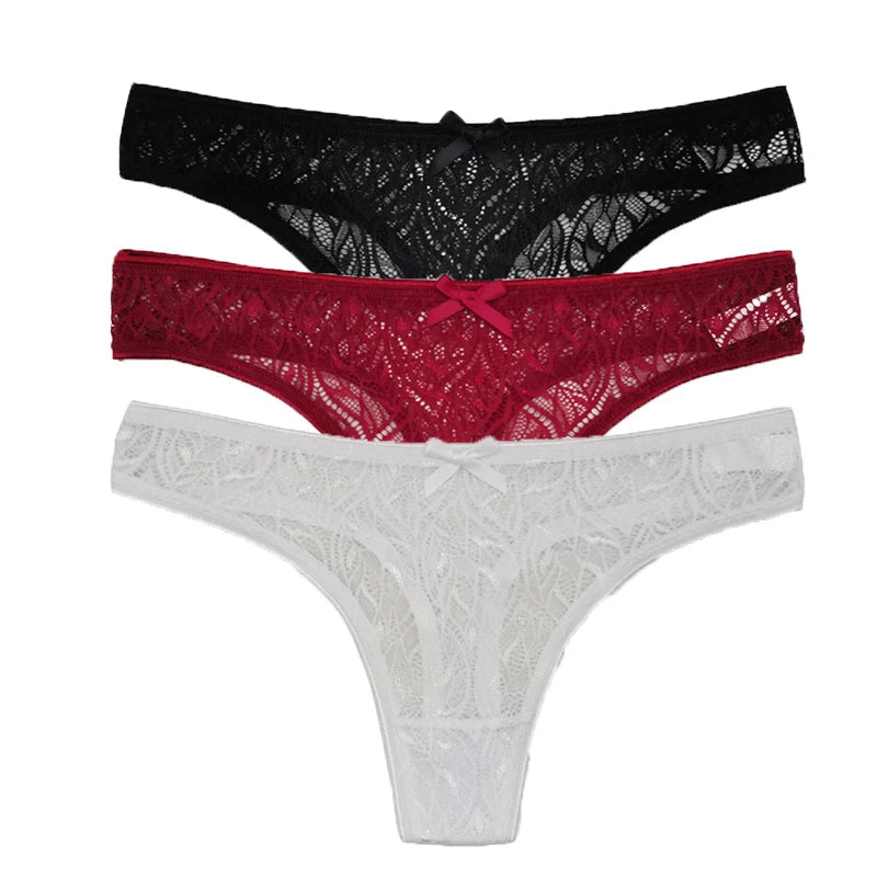 3PCS Low Waist Sexy Lace Panties Hollow Out G-Strings Female Solid Color Thongs Underwear Women Sexy Underpants Intimates luvshop24