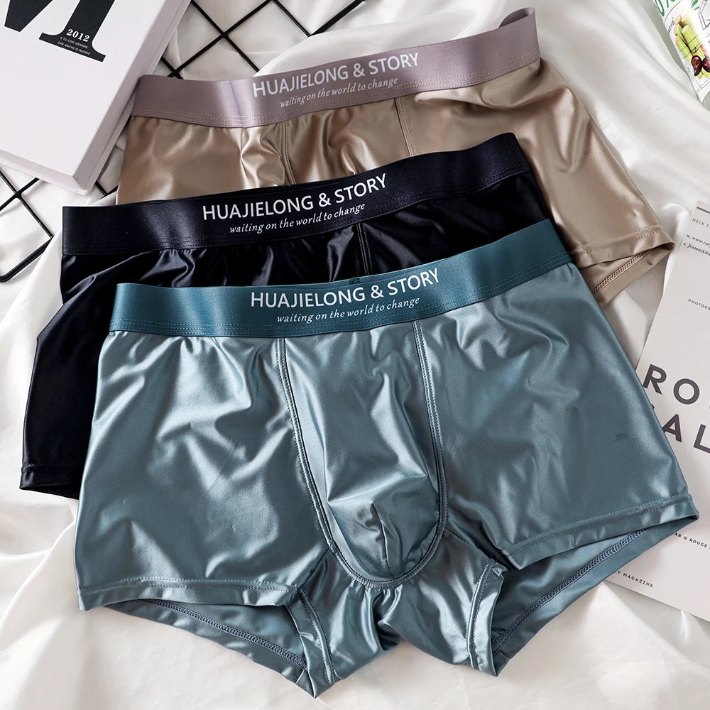 1/3Pcs Breathable Thin Satin Silk Boxer Briefs Seamless Mid Waist Ice Silk Boxers Underpants Smooth Underwear for Men Daily luvshop24