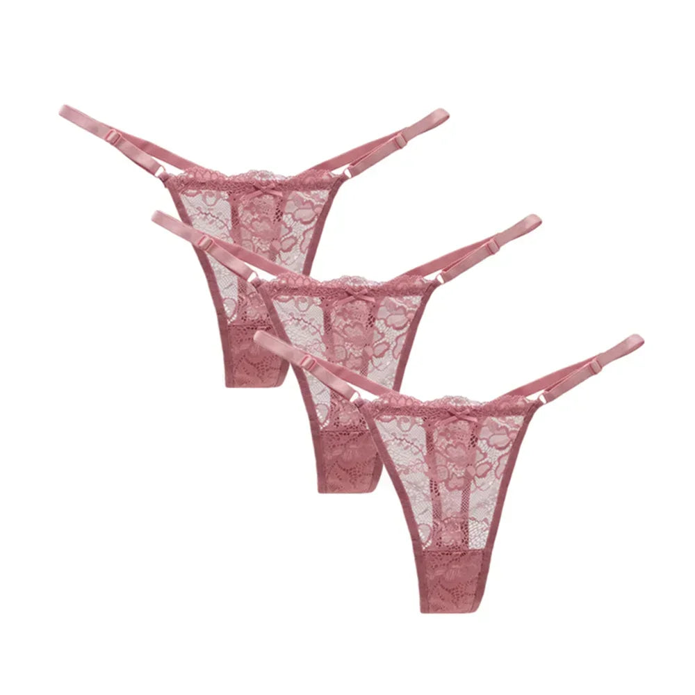 3PCS Adjustable Sexy Transparent Thong Panties Women Lace Underwear Low Waist Female T-back String Underpants luvshop24