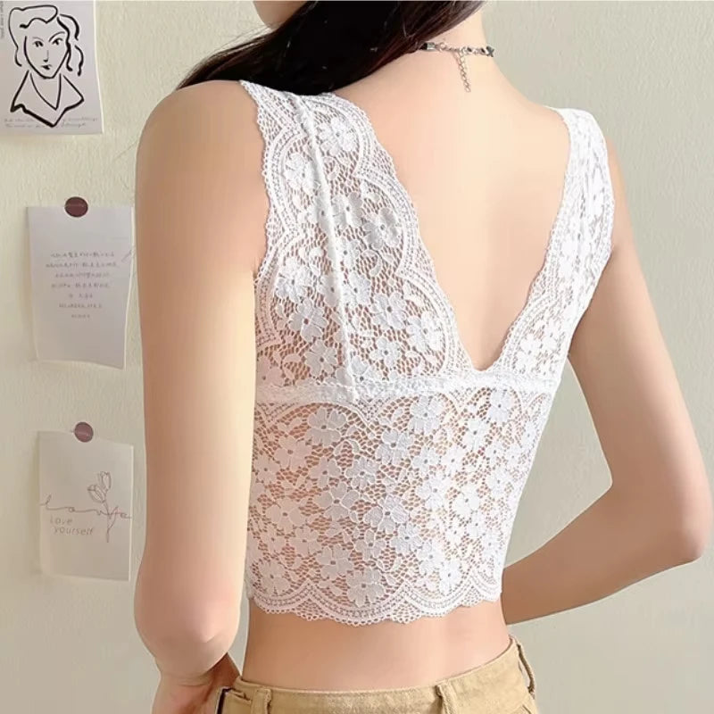 Lace Bras Top Women Deep V Neck Sexy Lingerie Wire Free Bra Tank Tops Female Underwear V Back Bralette Padded Camisole luvshop24