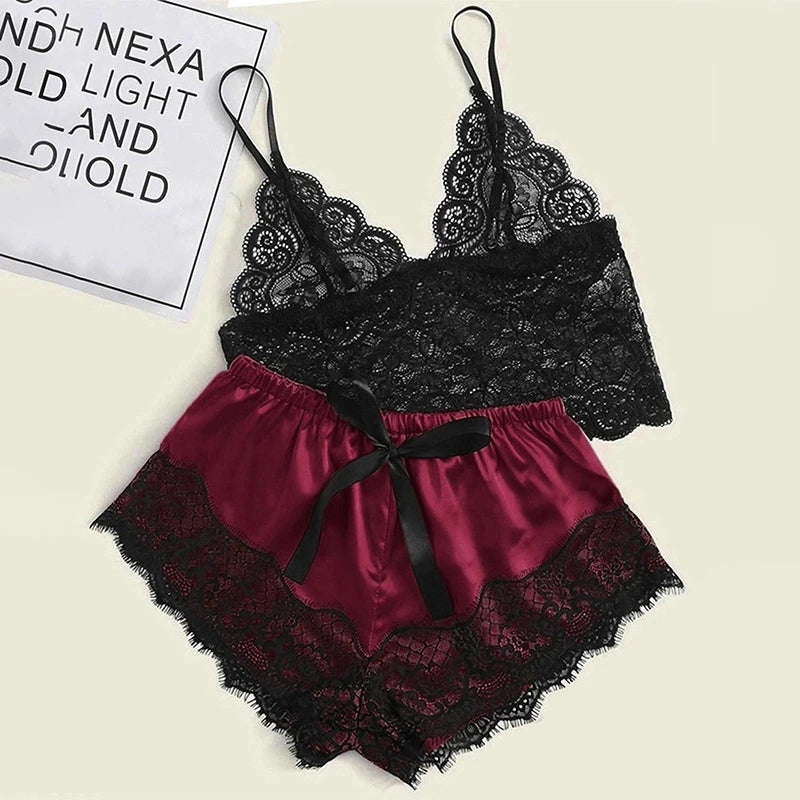 1 Pajamas Set Womens Lace Sleepwear Lingerie Crop Tops And Shorts Babydoll Pajamas Underwear Nightwear luvshop24
