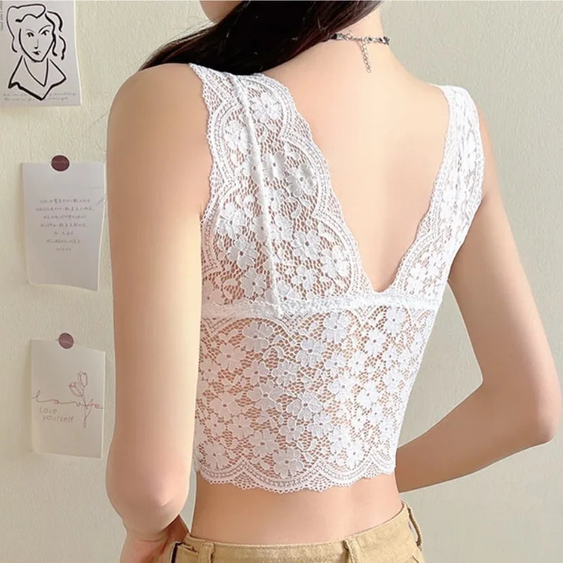 Lace Bras Top Women Deep V Neck Sexy Lingerie Wire Free Bra Tank Tops Female Underwear V Back Bralette Padded Camisole luvshop24