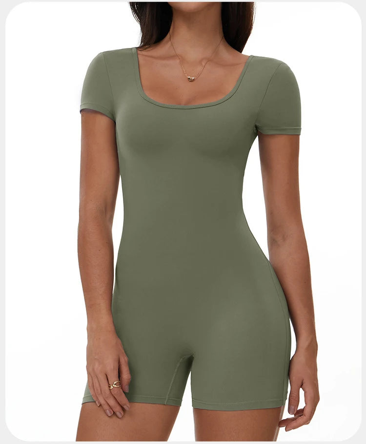 Womens Sports Bodysuit Short Sleeve Jumpsuits Stretch One Piece Set Romper Sexy Scrunch Butt Fitness Jumpsuit Female Sportwears luvshop24