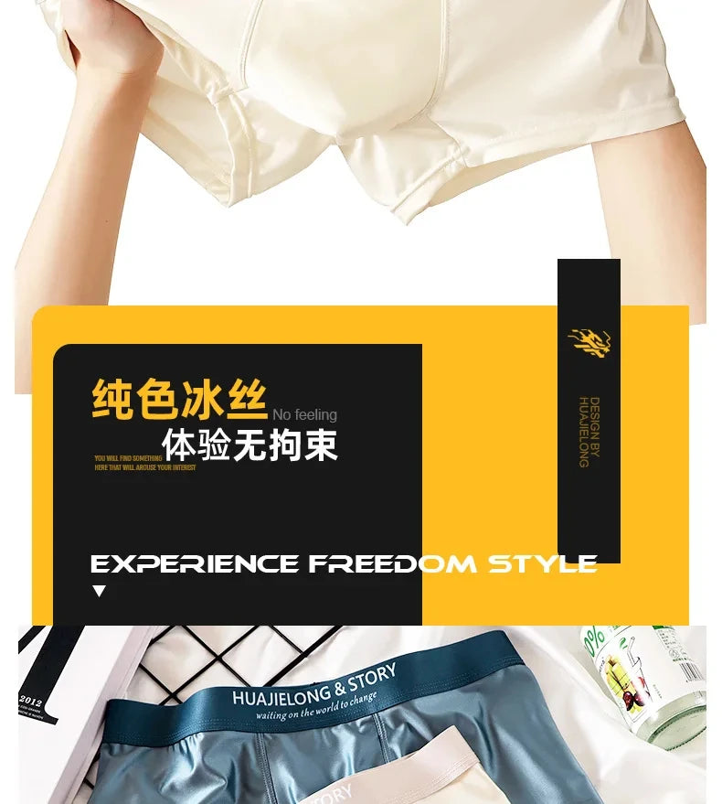 1/3Pcs Breathable Thin Satin Silk Boxer Briefs Seamless Mid Waist Ice Silk Boxers Underpants Smooth Underwear for Men Daily luvshop24
