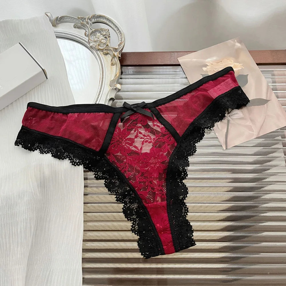 Lace Bow Sexy Thong Transparent Women's Lingerie Low Waist Flower Embroidery Mesh Perspective Hollowed Panties Briefs luvshop24