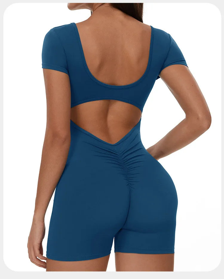Womens Sports Bodysuit Short Sleeve Jumpsuits Stretch One Piece Set Romper Sexy Scrunch Butt Fitness Jumpsuit Female Sportwears luvshop24