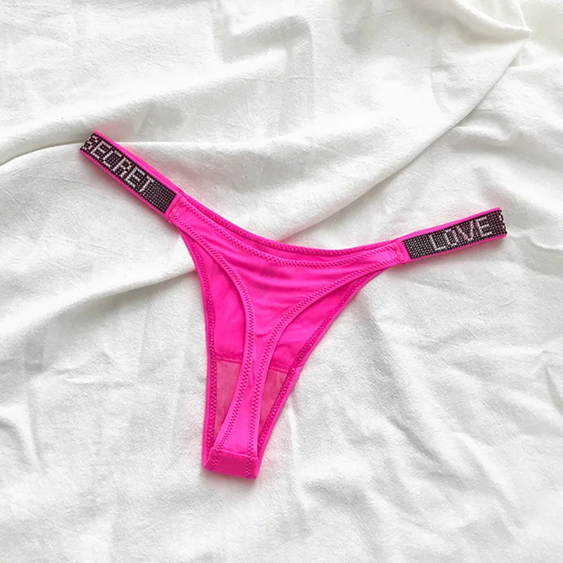 5Pcs Low Waist Sexy Panties Women Thongs Rhinestones Letter Diamonds G-string Sports Thong Shorts Briefs T-back Size S-XL luvshop24