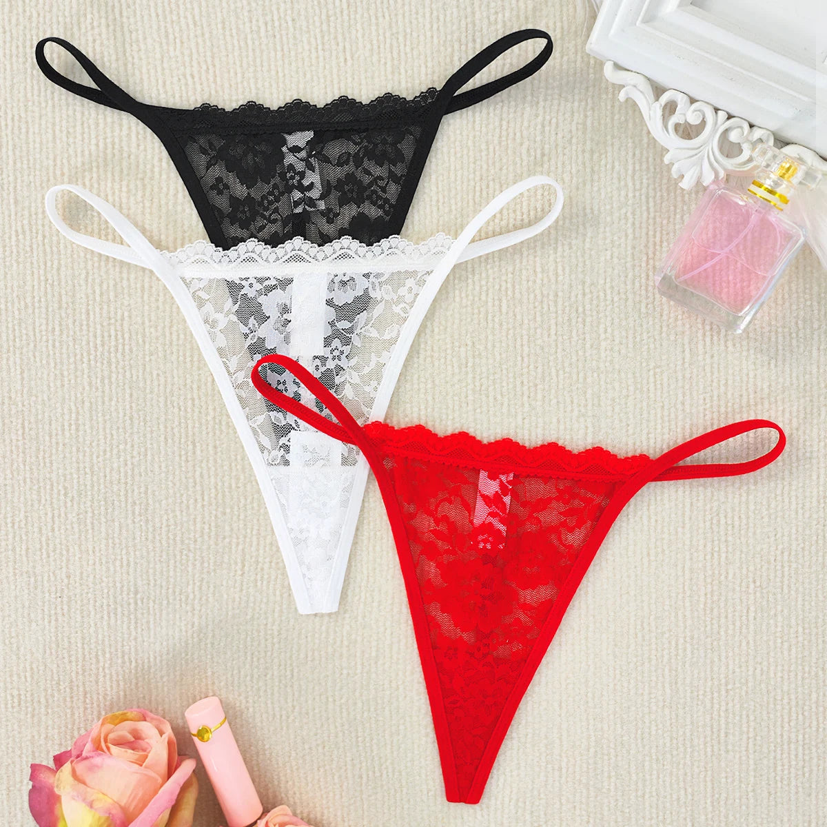 3pcs Low Rise Sexy Lace Women Thongs Hot Sale Breathable Intimate Lingerie Perspective Floral Panties Ladies G-string T-back luvshop24