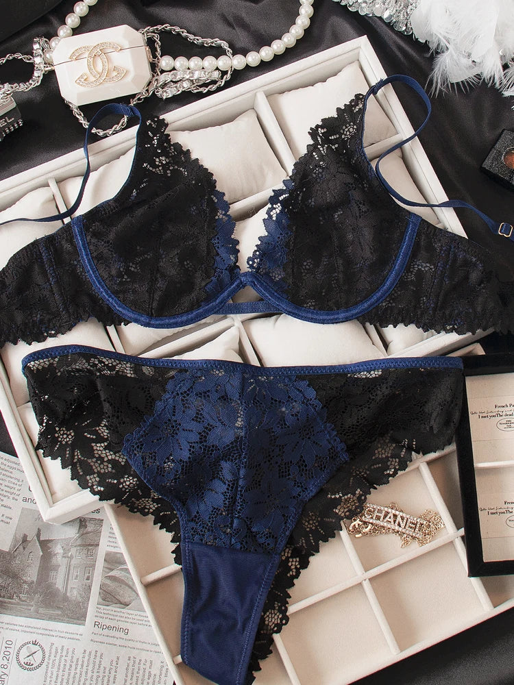 Lace Neck Lingerie Women's Feeling Without Steel Ring Bra Set Female Deep v Thin Section Underwear Knot Wave Mesh Bras luvshop24