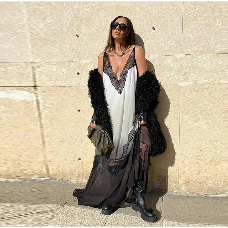 Lace Sling Long Dresses Women Sexy Sleeveless Split See Through Female Mesh Sheer Dress 2025 Summer New Lady Fashion Beach Robes luvshop24