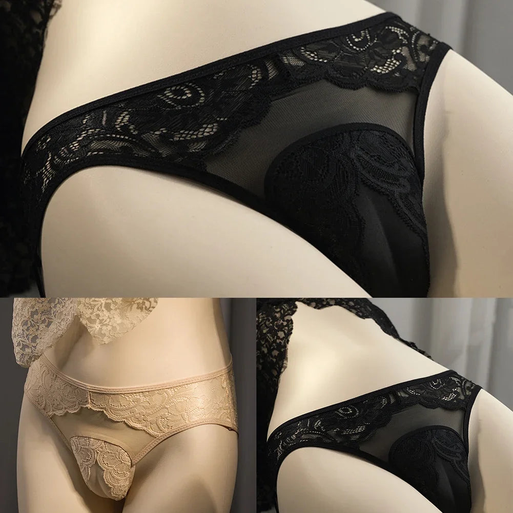 Sexy Men's Underwear Sissy Panties Crotchless Hiding Gaff Lace Transparent Crossdresser Transgender Shaping Bulge Pouch Briefs luvshop24