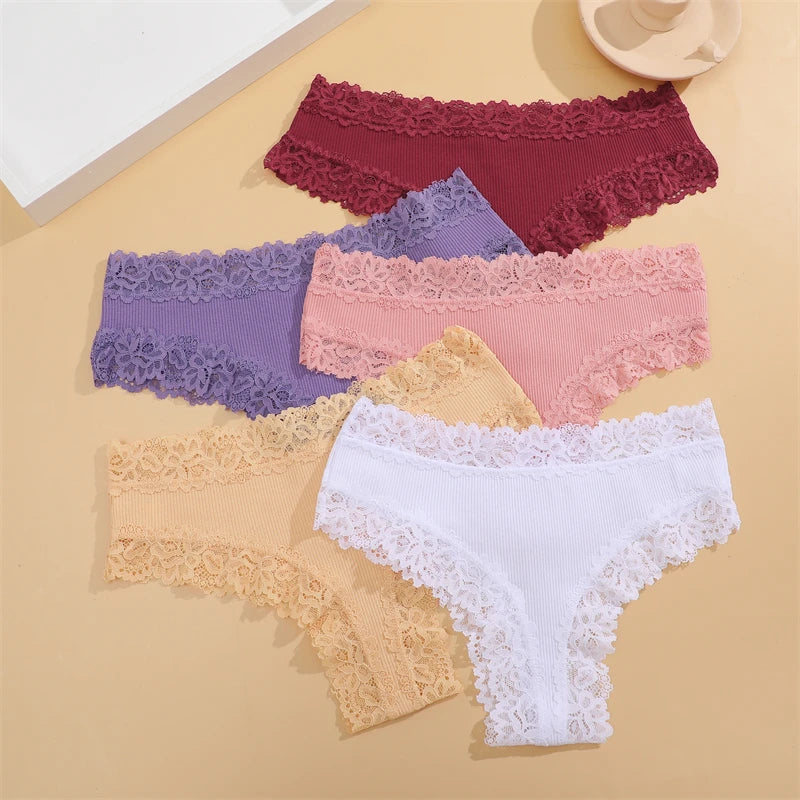 5Pcs/set Women Cotton Panties Floral Lace Intimate Underwear Trendy Patchwork Lace Briefs Female Soft Underpants Lingerie S-XL luvshop24