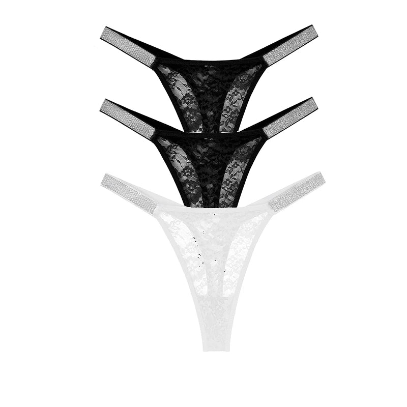 3pcs Sexy Thongs Lace Women Underwear Perspective Floral Panties Low Rise Two Shiny Belts G-string Comfortable Intimate Lingerie luvshop24