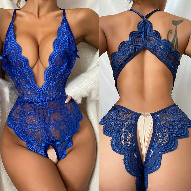 Lace Transparent Pajamas Women Erotic Sleepwear Deep V Open Bra Crotchless Bodysuit Sexy Costume Female Teddy backless Nightgown luvshop24