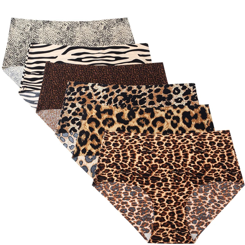6pcs Women's Seamless Ice Silk Panties Female Mid Waist Plus Size Leopard Print Underwear Girls Fashion Brief Lady Comfort Panty luvshop24