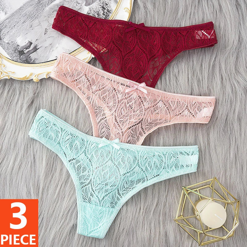 3PCS Low Waist Sexy Lace Panties Hollow Out G-Strings Female Solid Color Thongs Underwear Women Sexy Underpants Intimates luvshop24