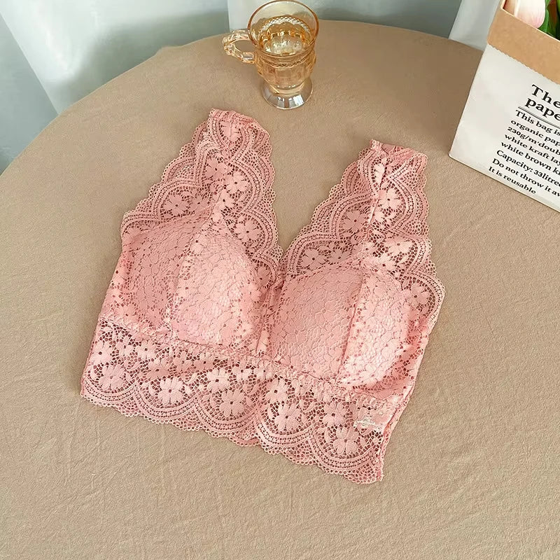 Lace Bras Top Women Deep V Neck Sexy Lingerie Wire Free Bra Tank Tops Female Underwear V Back Bralette Padded Camisole luvshop24