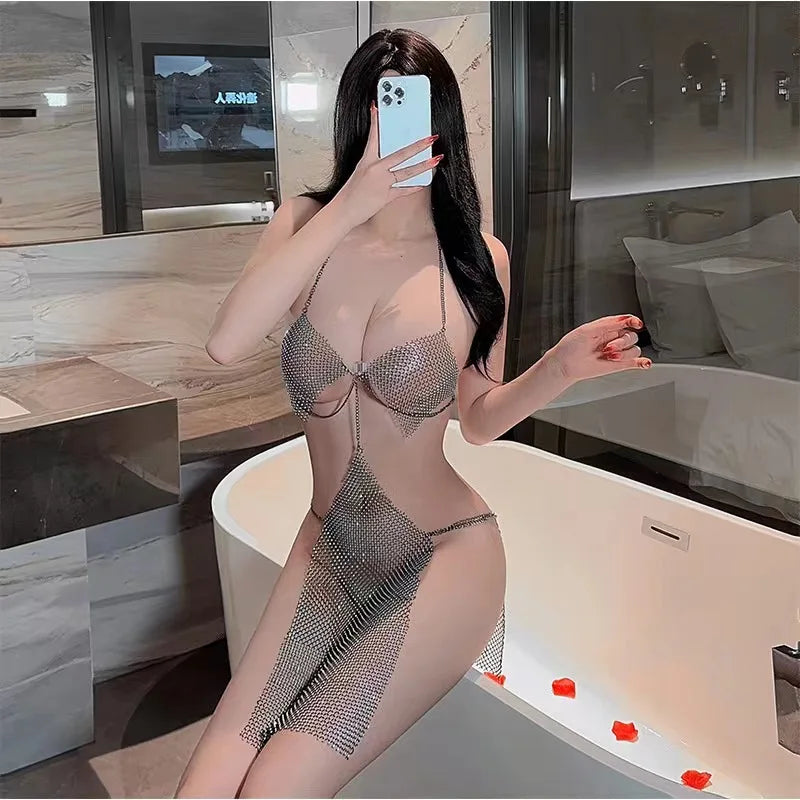 Hot Female Underwear Perspective Fishing Net Hollow Out Mesh Short Dresses Sexy Bodysuit Women Lingerie Cosplay Erotic Dress luvshop24