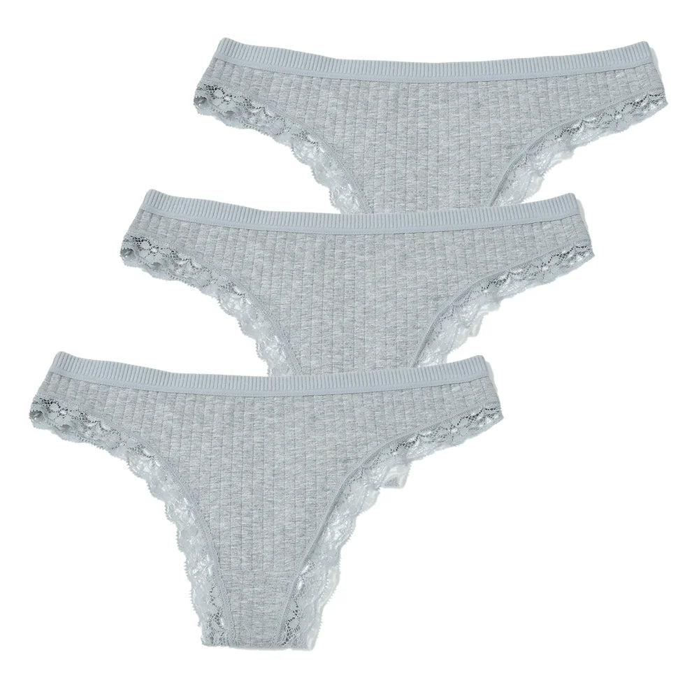 3pcs Cotton Women's Thong Panties Breathable Low Waist Seamless Underwear Sexy Female Lady Comfortable Solid Color Lace G-String luvshop24