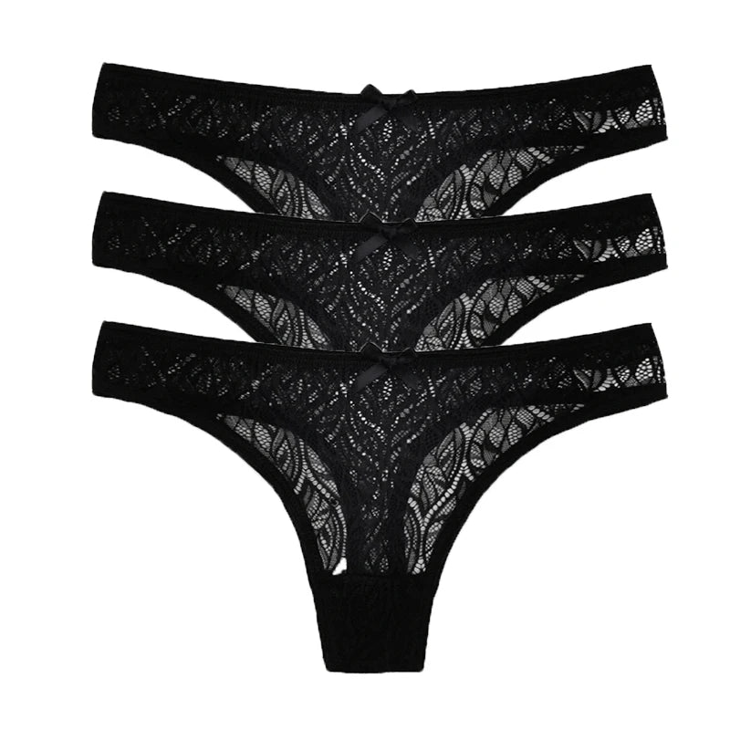 3PCS Low Waist Sexy Lace Panties Hollow Out G-Strings Female Solid Color Thongs Underwear Women Sexy Underpants Intimates luvshop24
