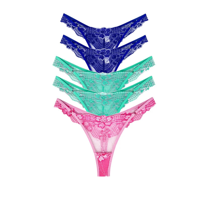 5pcs Lace Ladies G-string Perspective Floral Panties Low Waist Sexy Female Thongs Comfortable Breathable Intimate Lingerie Set luvshop24