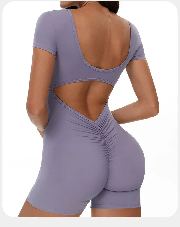 Womens Sports Bodysuit Short Sleeve Jumpsuits Stretch One Piece Set Romper Sexy Scrunch Butt Fitness Jumpsuit Female Sportwears luvshop24