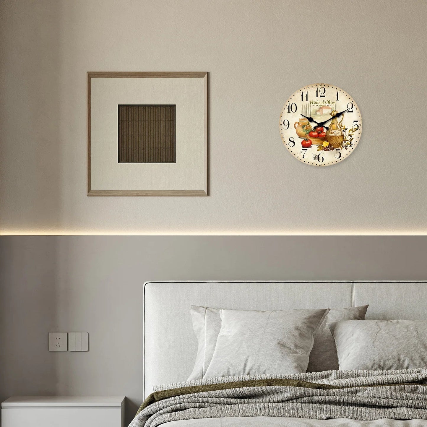 Retro Provence Olive Oil and Tomato Pattern Wooden Wall Clock Living Room Bedroom Kitchen Home Decoration Wall Clock Silent Quartz Clock Holiday Gift 10 Inches 12 Inches 14 Inches 16inch (Without Batteries) luvshop24