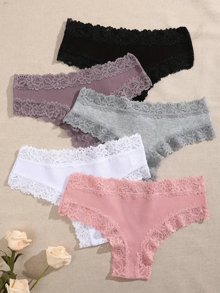 5Pcs/set Women Cotton Panties Floral Lace Intimate Underwear Trendy Patchwork Lace Briefs Female Soft Underpants Lingerie S-XL luvshop24
