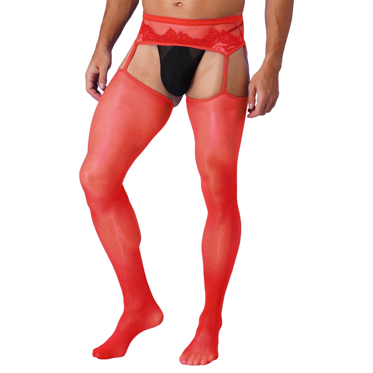 Mens Sexy Cutout Crotchless Pantyhose Floral Lace Exotic Socks Leggings One-Piece Garter Stockings Gay Male Sissy Underwear luvshop24
