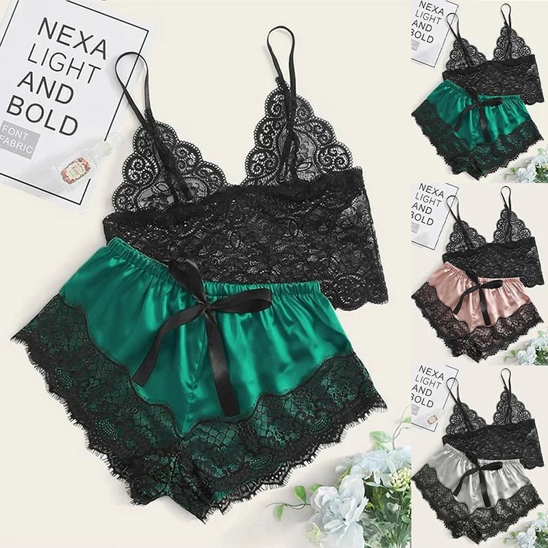 1 Pajamas Set Womens Lace Sleepwear Lingerie Crop Tops And Shorts Babydoll Pajamas Underwear Nightwear luvshop24