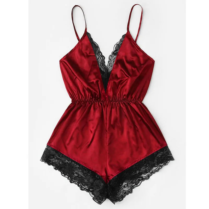 Sexy Lace Halter Oil Shiny Cloth Black Jumpsuit Fashionable and Comfortable Lace Lace Pyjamas Erotic Lingerie luvshop24