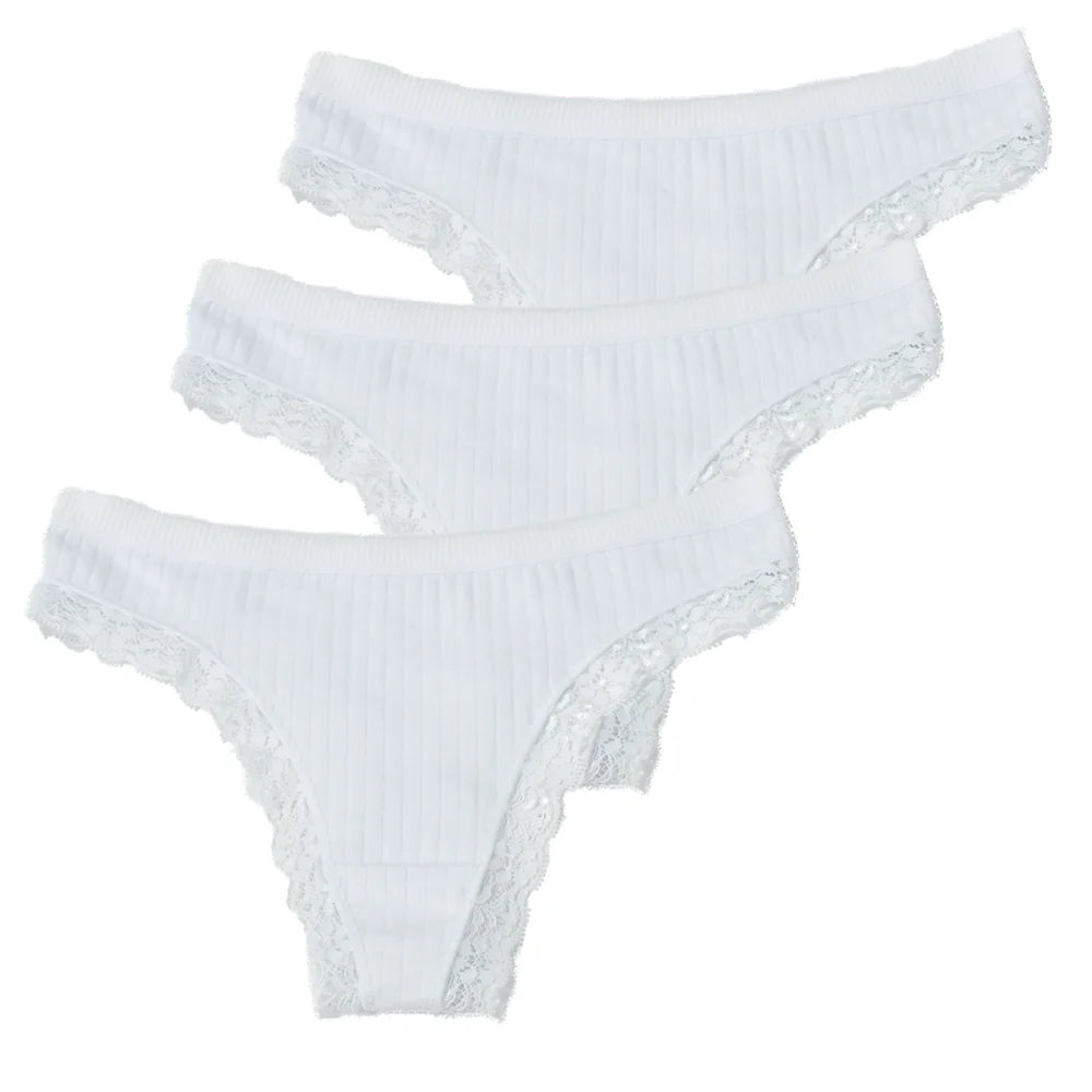 3pcs Cotton Women's Thong Panties Breathable Low Waist Seamless Underwear Sexy Female Lady Comfortable Solid Color Lace G-String luvshop24