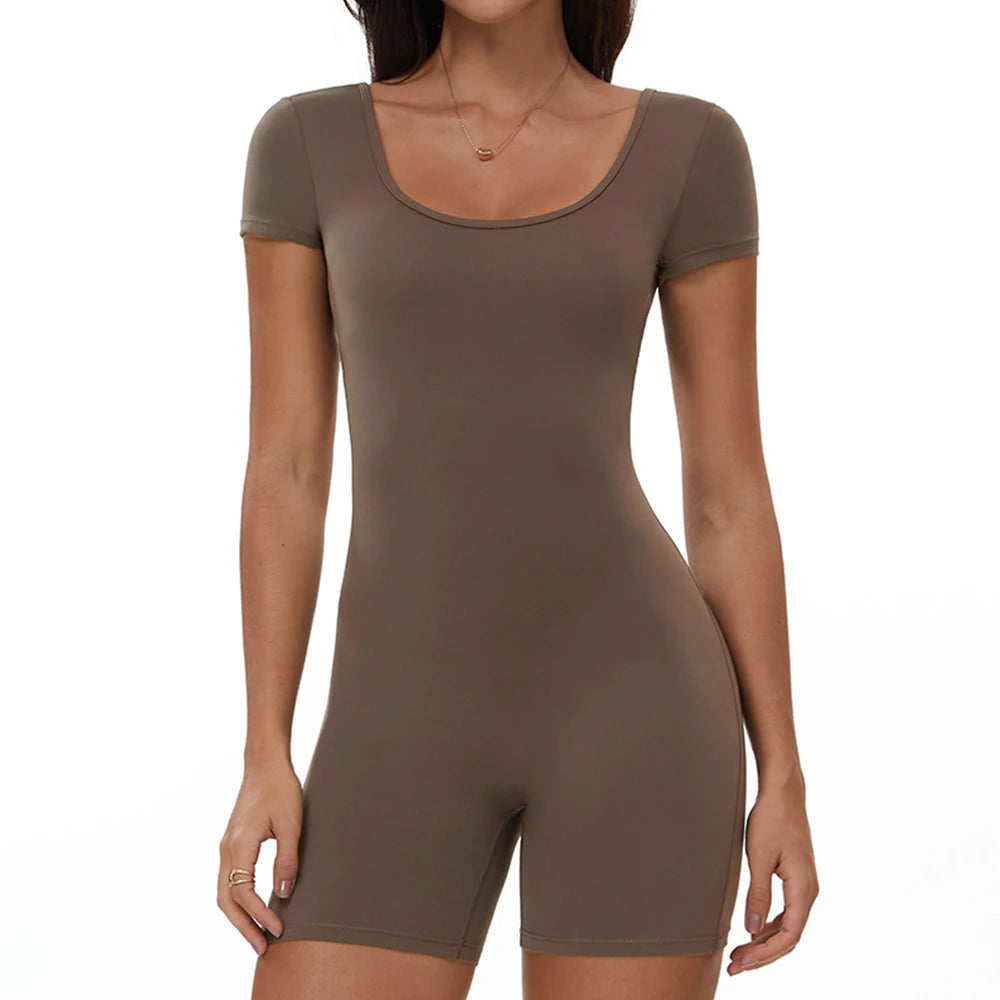 Womens Sports Bodysuit Short Sleeve Jumpsuits Stretch One Piece Set Romper Sexy Scrunch Butt Fitness Jumpsuit Female Sportwears luvshop24