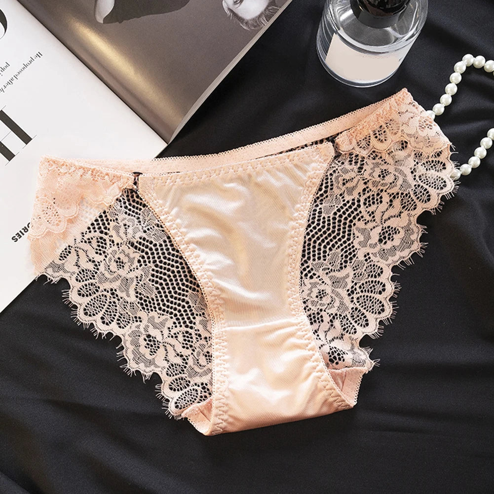 1pc Women's Sexy Lace Panties Satin Seamless Underwear Lace Mesh Sheer Low Waist Triangle Underwear Ladies Thin Breathable Brief luvshop24