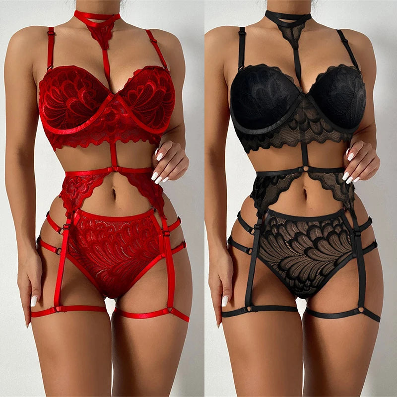 2022 Sexy Three Piece Suit Lace Shapewear Perspective Porn Suit Halterneck Embroidered Push Up Bra Garter Teddy Lingerie Hot Set luvshop24