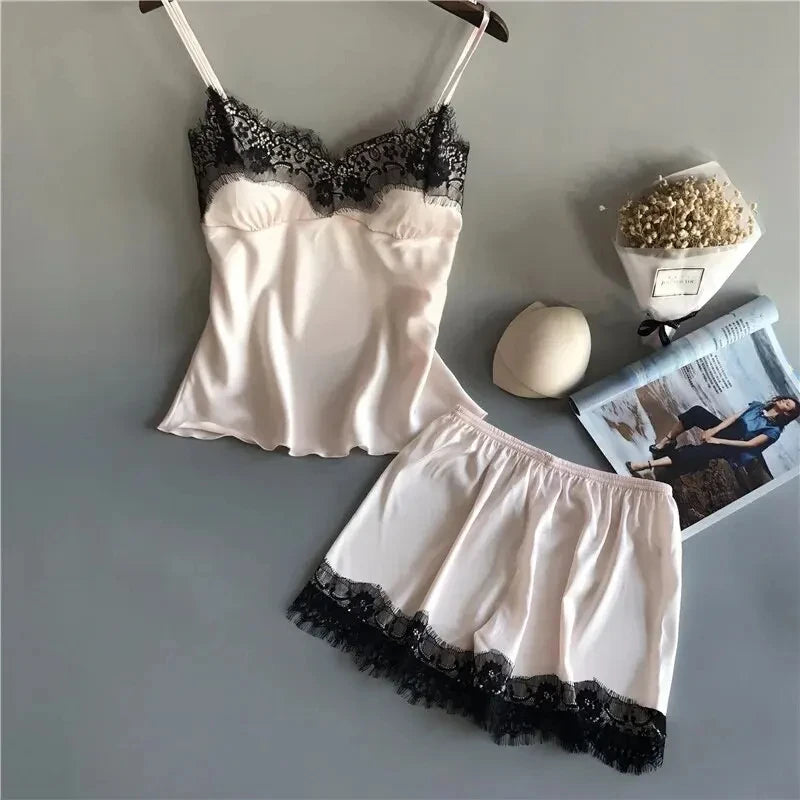 Women Pajama Suit Fashion V-Neck Stretch Satin Babydoll Lace Sexy Lingerie Bowknot Pyjamas Sleep Shorts Set Sleepwear New luvshop24